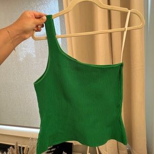Green ribbed Babaton one shoulder top from Aritzia